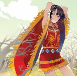 Rule 34 | 1girl, armpits, arms up, bare arms, bare shoulders, breasts, brown eyes, brown hair, closed mouth, cloud, commentary, contrapposto, cowboy shot, fingernails, long sleeves, looking at viewer, lowe (slow), medium breasts, native american, original, short hair, skirt, solo, standing, wide sleeves