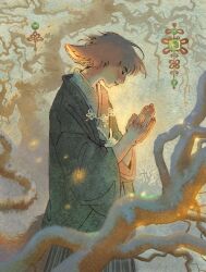 Rule 34 | 1boy, absurdres, animal ears, bare tree, branch, closed eyes, commentary request, cowboy shot, facing down, fingernails, fox ears, fox tail, from side, green jacket, grey hair, hakama, hands up, haori, haori himo, highres, jacket, japanese clothes, kimono, knot, light particles, long sleeves, male focus, mole, mole on neck, o-ring, original, own hands clasped, own hands together, palms together, praying, profile, short hair, snow, solo, tail, tree, vinsenta