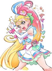 Rule 34 | 1girl, :d, bare legs, blonde hair, clenched hands, commentary, crop top, cure summer, detached sleeves, earrings, eyelashes, flower, gradient hair, hair flower, hair ornament, happy, highres, jewelry, jojo no kimyou na bouken, king crimson (stand), layered skirt, long hair, looking at viewer, magical girl, midriff, miniskirt, multicolored hair, natsuumi manatsu, open mouth, pink eyes, pink flower, pink hair, ponytail, pre221b, precure, simple background, sketch, skirt, smile, solo, standing, translation request, tropical-rouge! precure, vento aureo, very long hair, white background, white sleeves