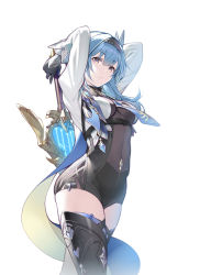 Rule 34 | 1girl, arms up, between breasts, black gloves, black hairband, black leotard, black thighhighs, blue cape, blue hair, blue necktie, breasts, cape, closed mouth, covered navel, cowboy shot, eula (genshin impact), genshin impact, gloves, hairband, highres, holding, holding sword, holding weapon, leotard, long hair, long sleeves, looking at viewer, medium breasts, necktie, necktie between breasts, nekomu, purple eyes, shrug (clothing), simple background, solo, sword, thighhighs, weapon, white background