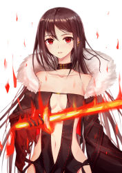 Rule 34 | 1girl, bad id, bad pixiv id, black gloves, blush, breasts, brown dress, brown hair, brown jacket, collarbone, commentary request, dress, fate/grand order, fate (series), fire, flaming sword, flaming weapon, gloves, hair between eyes, highres, holding, holding sword, holding weapon, jacket, long hair, long sleeves, navel, open clothes, open jacket, parted lips, red eyes, revealing clothes, revision, ribbon-trimmed dress, seungju lee, small breasts, solo, strapless, strapless dress, sword, very long hair, weapon, white background, yu mei-ren (fate)