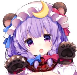 Rule 34 | 1girl, animal ears, bear ears, bear paws, blue bow, blunt bangs, blush, bow, braid, chestnut mouth, crescent, hair bow, hat, hat bow, head tilt, long hair, long sleeves, looking at viewer, miiiiiiii, mob cap, open mouth, patchouli knowledge, plaid, plaid scarf, purple eyes, purple hair, red bow, scarf, solo, teeth, touhou, twin braids, upper body