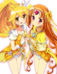 Rule 34 | 10s, 1girl, 2girls, bag, blonde hair, bow, brooch, bubble skirt, capelet, choker, circlet, clothes lift, color connection, cure muse, cure muse (yellow), cure peace, dress, flashing, frills, hair flaps, hair ribbon, heart, homing (areya), jewelry, kise yayoi, long hair, magical girl, multiple girls, orange hair, panties, ponytail, precure, red eyes, ribbon, shirabe ako, skirt, skirt lift, smile, smile precure!, suite precure, tiara, underwear, upskirt, very long hair, white panties, wrist cuffs, yellow bow, yellow dress, yellow eyes, yellow skirt, yellow theme