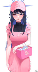 Rule 34 | 1girl, 82jhin, absurdres, apron, bag, baseball cap, black hair, black pants, black shirt, blue archive, blue eyes, breasts, commentary request, cosmetics, covered collarbone, cowboy shot, halo, hat, highres, holding, holding bag, korean commentary, korean text, long hair, looking at viewer, medium breasts, mixed-language commentary, name tag, no mask, open mouth, pants, pink apron, pink hat, saori (blue archive), shirt, sidelocks, signature, simple background, sleeveless, sleeveless shirt, solo, standing, teeth, upper teeth only, white background