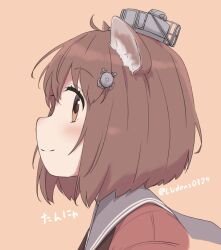 Rule 34 | 1girl, animal ear fluff, animal ears, blush, brown eyes, brown hair, cat ears, closed mouth, dress, from behind, highres, kantai collection, ludens (inonaka koubou), orange background, portrait, profile, red dress, short hair, simple background, smile, solo, tan yang (kancolle), twitter username, yukikaze (kancolle)