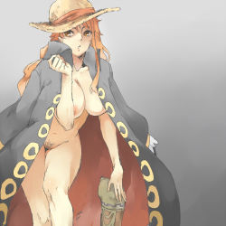 Rule 34 | 1girl, bad id, bad pixiv id, breasts, brown eyes, cape, collarbone, female pubic hair, gradient background, grey background, hat, huge breasts, kenshin187, long hair, matching hair/eyes, naked cape, nami (one piece), navel, nipples, nude, one piece, one piece: strong world, orange eyes, orange hair, pubic hair, sketch, solo, standing, straw hat