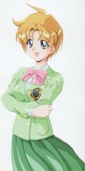 Rule 34 | 1990s (style), 1girl, :d, absurdres, blazer, blonde hair, bow, bowtie, collared shirt, crossed arms, green jacket, green skirt, grey eyes, highres, holding own arm, jacket, koigahara high school uniform, light blush, long skirt, non-web source, official art, open mouth, pink bow, pink bowtie, pocket, pocket love, pocket love if, retro artstyle, scan, school uniform, shirt, skirt, smile, solo, takao mizuki, white background, white shirt