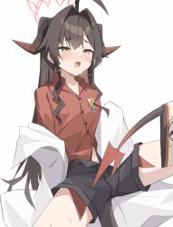 Rule 34 | 1girl, absurdres, ahoge, black hair, black horns, black shorts, black tail, blue archive, blush, breasts, chinese commentary, coat, commentary request, demon horns, hair intakes, halo, highres, horns, kasumi (blue archive), lab coat, long hair, navel, open mouth, red halo, red shirt, shasha (shasha159357), shirt, shirt tucked in, shorts, simple background, sleeves past fingers, sleeves past wrists, small breasts, solo, white background, white coat, yellow eyes