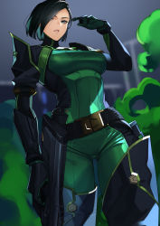 Rule 34 | 1girl, absurdres, animification, black gloves, black hair, black thighhighs, blue eyes, bodysuit, breasts, gloves, green bodysuit, gun, highres, holding, holding gun, holding weapon, kagematsuri, large breasts, looking at viewer, parted lips, short hair, smoke, solo, thighhighs, valorant, viper (valorant), weapon