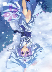 Rule 34 | 1girl, dress, female focus, hat, lying, saigyouji yuyuko, solo, t-ray, touhou, upside-down