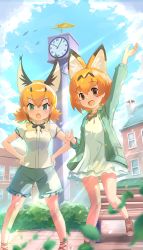 Rule 34 | 2girls, absurdres, animal ears, blonde hair, brown hair, caracal (kemono friends), caracal ears, casual, cat ears, cat girl, cat tail, dress, extra ears, frilled shorts, frills, gladiator sandals, green jacket, green shorts, hands on own hips, highres, jacket, kemono friends, kemono friends 3, koutsuu (koutuukanseikan), long sleeves, looking at viewer, multicolored hair, multiple girls, official alternate costume, open clothes, open jacket, red footwear, sandals, serval (kemono friends), shirt, shoes, short hair, short sleeves, shorts, sidelocks, sneakers, standing, standing on one leg, t-shirt, tail, waving, white dress, white shirt