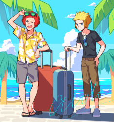 Rule 34 | 2boys, afro, beach, belt, black-framed eyewear, black footwear, black shirt, blonde hair, blue eyes, brown belt, brown pants, buttons, capri pants, cloud, collared shirt, commentary request, creatures (company), day, flint (pokemon), floral print, game freak, grey shorts, holding, kurochiroko, looking up, male focus, multiple boys, nintendo, one eye closed, open mouth, outdoors, palm tree, pants, pokemon, pokemon dppt, red hair, sand, sandals, shirt, shoes, shore, short sleeves, shorts, sky, spiked hair, standing, suitcase, sunglasses, t-shirt, teeth, toes, tongue, tree, tropical, upper teeth only, volkner (pokemon), water
