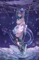 Rule 34 | 1girl, absurdres, armpits, bare shoulders, blue hair, breasts, bubble, cleavage, closed mouth, dragon girl, dragon horns, dragon tail, dress, flower, full body, gauntlets, hair between eyes, hair flower, hair ornament, headpiece, high heels, highres, holding, holding weapon, horns, looking at viewer, maronmokaet, medium breasts, medium hair, ocean, pointy ears, purple eyes, shadowverse, solo, tail, thighhighs, underwater, water, weapon, white dress, whitefrost dragonewt filene