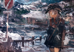 Rule 34 | 1girl, absurdres, alternate costume, blue eyes, building, commentary, cowboy shot, earmuffs, fence, flat cap, frown, hair between eyes, hat, hibiki (kancolle), highres, kaamin (mariarose753), kantai collection, looking at viewer, medium request, miniskirt, mountainous horizon, narrowed eyes, no parking sign, outdoors, pleated skirt, road sign, scarf, sign, skirt, snow, snowing, solo, standing, white hair