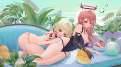 Rule 34 | 2girls, :d, arm support, azur lane, bad id, bad pixiv id, bare legs, bare shoulders, barefoot, bikini, black one-piece swimsuit, blonde hair, breasts, cirilla lin, cleavage, commentary, couch, duca degli abruzzi (azur lane), duca degli abruzzi (lustrous onyx sirenetta) (azur lane), giuseppe garibaldi (azur lane), gradient hair, halo, hand on another&#039;s ass, highres, large breasts, long hair, looking at viewer, lying, manjuu (azur lane), mechanical arms, multicolored hair, multiple girls, nail polish, official alternate costume, on couch, on side, one-piece swimsuit, open mouth, orange bikini, orange nails, plant, red eyes, red hair, single mechanical arm, smile, swimsuit, yuri