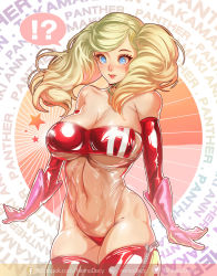 Rule 34 | !?, 1girl, abs, artist request, blonde hair, blush, breasts, choker, gloves, highres, large breasts, leotard, meme attire, navel, nemodecy, persona, persona 5, see-through, see-through leotard, solo, swimsuit, tagme, takamaki anne, thighhighs, twintails