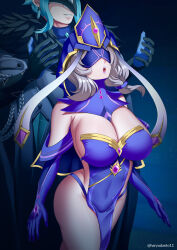 Rule 34 | 1girl, artist name, blue gloves, breasts, character request, cleavage, corruption, dark persona, dottore (genshin impact), elbow gloves, genshin impact, gloves, grey hair, haryudanto, highres, hypnosis, large breasts, lisa (genshin impact), medium hair, mind control, mirror maiden (genshin impact), open mouth, pelvic curtain, revealing clothes, watermark