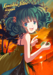 Rule 34 | 1girl, alternate costume, bare shoulders, blue eyes, blue hair, character name, cloud, cloudy sky, controller, dress, english text, feathers, game controller, gamepad, hair bobbles, hair ornament, hat, iris anemone, kawashiro nitori, matching hair/eyes, ocean, open mouth, palm tree, ribbon, sky, smile, solo, straw hat, summer, sun hat, sundress, sunset, touhou, tree, twintails, two side up, water