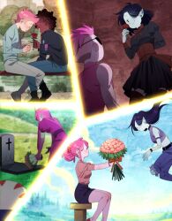 Rule 34 | absurdres, adventure time, adventure time: fionna and cake, black hair, bouquet, colored skin, couple, dress, eyepatch, floating, flower, gary prince (adventure time), grave, grey skin, highres, holding, holding bouquet, looking at another, marceline abadeer, marshall lee, multiple persona, omy-chan, peppermint butler, pink hair, pointy ears, princess bonnibel bubblegum, short hair, sitting, skirt, smile, vampire, yaoi, yuri