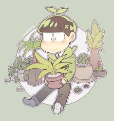 Rule 34 | 10s, 1boy, :&gt;, blush, brown hair, character name, chibi, circle, clover (flower), flower, green background, highres, holding, hood, hoodie, ivy, looking down, male focus, matsuno choromatsu, nyaph, osomatsu-kun, osomatsu-san, osomatsu (series), plant, plant on head, potted plant, simple background, sitting, solo
