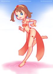Rule 34 | 1girl, anklet, armband, barefoot, blue eyes, bracelet, breasts, brown hair, cleavage, cloud, collarbone, creatures (company), dancer, drantyno, earrings, full body, game freak, hairband, harem outfit, highres, jewelry, looking at viewer, may (pokemon), medium breasts, navel, necklace, nintendo, open mouth, pelvic curtain, pokemon, pokemon rse, running, short hair, sky, smile, teeth, thigh strap, walking, walking on liquid, water