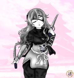 Rule 34 | 1girl, :o, armor, armored dress, artist name, artist request, blush, breasts, brown hair, closed eyes, female focus, greyscale, hair between eyes, holding, holding weapon, japanese clothes, kimono, konoe kanata, long hair, looking at viewer, love live!, love live! nijigasaki high school idol club, monochrome, one eye covered, parted lips, psycyclone j, ribbon, sai (kanzen gokai oh), small breasts, smile, solo, weapon, white ribbon