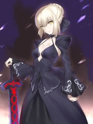 Rule 34 | 1girl, absurdres, artoria pendragon (all), artoria pendragon (fate), black dress, blonde hair, braid, breasts, choker, cleavage, dress, excalibur morgan (fate), expressionless, fate/stay night, fate (series), french braid, hair bun, halterneck, hand on hilt, highres, juliet sleeves, long sleeves, looking at viewer, puffy sleeves, saber (fate), saber alter, short hair, single hair bun, small breasts, solo, sword, weapon, yaman (yamanta lov), yellow eyes