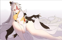 Rule 34 | 1girl, arm support, breasts, brown gloves, claw ring, closed mouth, feet out of frame, genshin impact, gloves, grey hair, hair ornament, hair stick, highres, large breasts, long hair, looking at viewer, lying, multicolored hair, ningguang (genshin impact), on back, pelvic curtain, red eyes, siun, solo, streaked hair, very long hair