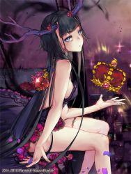Rule 34 | 10s, 1girl, 2014, antlers, bad id, bad pixiv id, bed, black hair, black kirin, blue eyes, breasts, crown, dated, floating, floating object, flower, from side, horns, kaizin rumble, long hair, looking at viewer, on bed, sideboob, sitting, small breasts, solo, sparkle, sword girls, zit 0