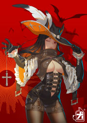 Rule 34 | 1girl, ;), absurdres, arknights, bat (animal), black capelet, black gloves, black hair, black headwear, breasts, capelet, center opening, cleavage, closed mouth, cowboy shot, cross, dobermann (arknights), frilled sleeves, frills, gloves, hand on own hip, hat feather, highres, jewelry, lanyaojun, large breasts, layered sleeves, light rays, long sleeves, looking back, mole, mole under eye, multicolored hair, necklace, one eye closed, orange hair, pantyhose, red background, red eyes, red lips, revealing clothes, rosary, simple background, smile, solo, thighband pantyhose, two-tone hair, zipper, zipper pull tab