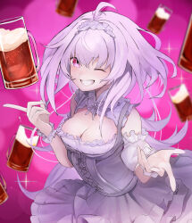 Rule 34 | 1girl, ahoge, alcohol, bare shoulders, beer, beer mug, breasts, cleavage, cleavage cutout, clothing cutout, corset, cup, dirndl, dress, fate/grand order, fate (series), genshu doki, german clothes, grin, highres, long hair, looking at viewer, medium breasts, merlin (fate/prototype), mug, one eye closed, pointy ears, purple eyes, scrunchie, smile, solo, white dress, white hair, wrist scrunchie
