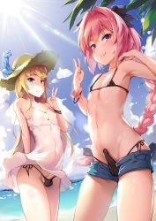 Rule 34 | 2boys, arm behind back, armpits, astolfo (fate), astolfo (sugar vacation) (fate), bare shoulders, beach, bikini, bikini bottom only, black bikini, black bow, black ribbon, blue eyes, blue sky, blush, bow, braid, bulge, chevalier d&#039;eon (fate), closed mouth, clothes lift, cloud, covered erect nipples, covered navel, day, denim, denim shorts, dress, dress lift, erection, erection under clothes, fang, fang out, fate/grand order, fate (series), hair bow, hair intakes, hat, hat feather, highres, horizon, leaf, light rays, long hair, looking at viewer, male focus, multicolored hair, multiple boys, navel, ocean, official alternate costume, open fly, penis, penis peek, pink hair, purple eyes, ribbon, shinsei rorishotashotasuku, short shorts, shorts, side-tie bikini bottom, single braid, skin fang, sky, sleeveless, sleeveless dress, smile, standing, stomach, straight hair, streaked hair, sun hat, sunbeam, sundress, sunlight, sweat, swimsuit, thighs, trap, unbuttoned, uncensored, v, v-shaped eyebrows, very long hair, water, water drop, wet, wet hair, white dress, white hair, wind, wind lift, wristband, yellow hat