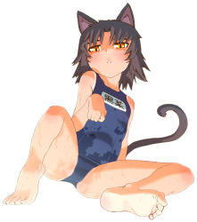 Rule 34 | 1girl, animal ears, bad id, bad pixiv id, bare shoulders, barefoot, black hair, cat ears, cat tail, feet, flat chest, kurona (neko musume michikusa nikki), neko musume michikusa nikki, one-piece swimsuit, oono tsutomu, paw pose, school swimsuit, short hair, simple background, sitting, soles, solo, spread legs, swimsuit, tail, tan, toes, yellow eyes