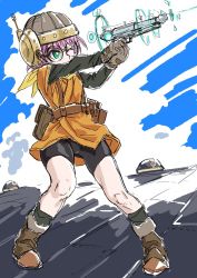 Rule 34 | 1girl, aircraft, airship, bike shorts, breasts, chrono trigger, cloud, commentary request, covered mouth, firing, glasses, gun, helmet, lucca ashtear, purple hair, s-a-murai, scarf, short hair, shorts, shorts under skirt, solo, turret, weapon