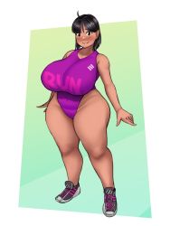 Rule 34 | 1girl, ahoge, bad id, bad twitter id, black eyes, black hair, blush, breasts, full body, highres, huge breasts, looking at viewer, original, parted lips, plump, short hair, smile, solo, standing, swimsuit, thick thighs, thighs, toroboro, wide hips