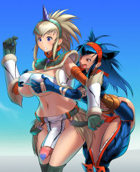 Rule 34 | 2girls, :d, :o, animal ears, armband, armor, ass, bad id, bad pixiv id, bandages, bandeau, belt, blonde hair, blue eyes, blue hair, blush, grabbing another&#039;s breast, breasts, butt crack, capcom, censored, choker, cleavage, cosine, crop top, detached sleeves, elbow gloves, embarrassed, fangs, fishnets, fundoshi, fur trim, futanari, gem, gloves, grabbing, groping, hairband, heart, heart censor, horns, huge breasts, huge penis, japanese clothes, kirin (armor), large breasts, leaning forward, loincloth, long hair, midriff, monster hunter (series), multiple girls, nargacuga (armor), naughty face, navel, no panties, novelty censor, open clothes, open mouth, open shirt, outdoors, penis, penis peek, pointless censoring, public indecency, public nudity, red eyes, shirt, short hair, single horn, skirt, sky, smile, spiked hair, standing, surprised, thighhighs, thighs, turtleneck, underboob, veins, veiny penis, white hair, wide hips