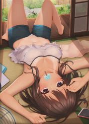 Rule 34 | 1girl, arms up, bare arms, bare shoulders, barefoot, black shorts, blush, breasts, brown eyes, brown hair, camisole, cellphone, cleavage, collarbone, day, eating, food, food in mouth, highres, indoors, knees up, long hair, looking at viewer, lying, medium breasts, minato ojitan, navel, on back, one-piece tan, original, panties, phone, popsicle, short shorts, shorts, sliding doors, smartphone, solo, spaghetti strap, tan, tanline, tatami, underwear