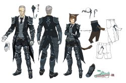 Rule 34 | animal ears, armor, warrior of light (ff14), back, black coat, black gloves, black neckwear, blue eyes, brown hair, cat ears, cat tail, character sheet, clenched hands, closed mouth, coat, concept art, facial hair, final fantasy, final fantasy xiv, gloves, greaves, grey hair, hair slicked back, hairband, hyur, kare huang, miqo&#039;te, monocle, neckwear request, open clothes, open coat, open hand, pauldrons, red eyes, short hair, shoulder armor, simple background, smile, standing, tail, vambraces, white background, white gloves