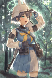 Rule 34 | 1girl, absurdres, aqua eyes, assault rifle, bag, black gloves, blue archive, breasts, forest, gloves, gun, halo, helmet, highres, large breasts, nature, pisik, pleated skirt, purple hair, rifle, sailor collar, saki (blue archive), satchel, skirt, sweat, weapon, weapon on back