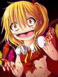 Rule 34 | 1girl, amau (kosmos), blonde hair, blood, bow, crazy eyes, embodiment of scarlet devil, fang, fangs, female focus, flandre scarlet, glowing, glowing eyes, gradient background, highres, open mouth, red eyes, sharp teeth, short hair, side ponytail, smile, solo, teeth, torn clothes, touhou, wings