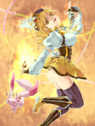 Rule 34 | 10s, 1girl, alternate color, ass, beret, between breasts, blonde hair, boots, breasts, brown thighhighs, corset, detached sleeves, drill hair, eric flay, fingerless gloves, gloves, gun, hair ornament, hairpin, hat, highres, kyubey, large breasts, magical girl, magical musket, mahou shoujo madoka magica, mahou shoujo madoka magica (anime), no panties, pleated skirt, puffy sleeves, ribbon, rifle, skindentation, skirt, soul gem, striped clothes, striped thighhighs, thighhighs, tomoe mami, twin drills, twintails, vertical-striped clothes, vertical-striped thighhighs, weapon, yellow eyes, zettai ryouiki