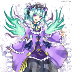 Rule 34 | 1girl, aqua hair, astaroth (p&amp;d), bad id, bad pixiv id, chisa, dress, headdress, looking at viewer, open mouth, purple dress, purple eyes, puzzle &amp; dragons, short hair, smile, solo, two side up, wings