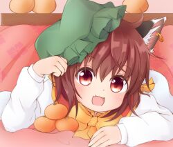 Rule 34 | 1girl, :d, absurdres, animal ear piercing, animal ears, blush, bow, bowtie, brown eyes, brown hair, cat ears, chen, chinoru, close-up, commentary request, earrings, fang, food, fruit, hair between eyes, hand up, hat, highres, jewelry, kotatsu, long sleeves, looking at viewer, lying, mob cap, on stomach, open mouth, orange (fruit), red vest, short hair, single earring, skin fang, smile, solo, table, touhou, under kotatsu, under table, vest, yellow bow, yellow bowtie