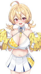 ahoge antenna_hair blonde_hair blue_archive breasts cheerleader cleavage cowboy_shot crop_top highres hogemi holding holding_pom_poms kotori_(blue_archive) kotori_(cheer_squad)_(blue_archive) large_breasts looking_at_viewer low_twintails millennium_cheerleader_outfit_(blue_archive) pom_pom_(cheerleading) pom_poms red_eyes short_twintails skirt thighhighs twintails two-tone_skirt white_skirt