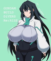 Rule 34 | 1girl, alternate breast size, breasts, copyright name, dais729sof, gundam, gundam build divers, gundam build divers re:rise, hand on own hip, huge breasts, long hair, may (gundam build divers re:rise), shrug (clothing), solo