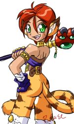 Rule 34 | 1girl, animal ears, animal print, armlet, ass, bottomless, breath of fire, breath of fire ii, bustier, choker, facial mark, fang, fingerless gloves, from behind, gloves, green eyes, hair between eyes, hand on own hip, hip focus, lingerie, looking back, open mouth, polearm, rcasedrawsstuff, red hair, rinpoo chuan, signature, simple background, sketch, slit pupils, smile, solo, standing, tail, tiger print, underwear, weapon, whisker markings, white background