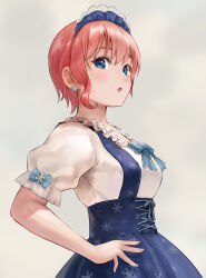 Rule 34 | 1girl, :o, absurdres, blue bow, blue corset, blue eyes, blush, bow, commentary request, corset, go-toubun no hanayome, grey background, hand on own hip, highres, ishiyuki, looking at viewer, nakano ichika, pink hair, puffy short sleeves, puffy sleeves, revision, short hair, short sleeves, simple background, solo, upper body