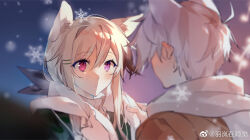 Rule 34 | 1boy, 1girl, animal ear fluff, animal ears, arknights, black jacket, blurry, blurry foreground, blush, brown hair, brown jacket, cardigan (arknights), closed mouth, depth of field, facing another, grey hair, hair between eyes, hair ornament, hairclip, highres, jacket, looking at another, purple eyes, ribbed sweater, scarf, snowflakes, steward (arknights), sweater, turtleneck, turtleneck sweater, upper body, white scarf, white sweater, yu lan zai shuijiao