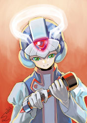 Rule 34 | 1boy, android, cyber elf x (mega man), dated, forehead jewel, gloves, gradient background, green eyes, helmet, highres, holding, long sleeves, male focus, mega man (series), mega man zero (series), portrait, red background, signature, smile, solo, sumomo, white gloves, x (mega man)