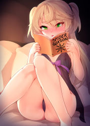 Rule 34 | 1girl, blonde hair, blush, book, cameltoe, english text, fischl (genshin impact), genshin impact, green eyes, highres, holding, holding book, long hair, nipples, nose blush, open mouth, reading, ricegnat, see-through, sitting, solo, two side up